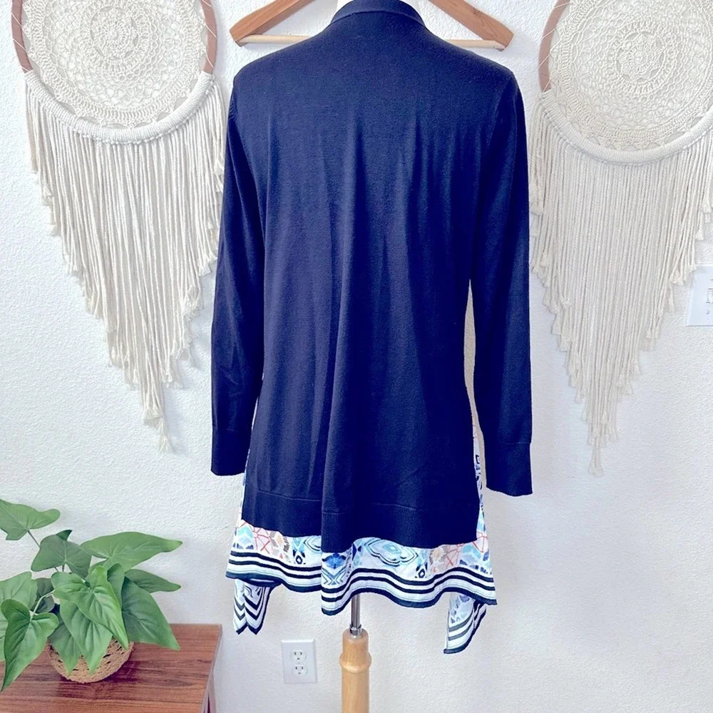 Chicos dk blue layered look open cardigan medium